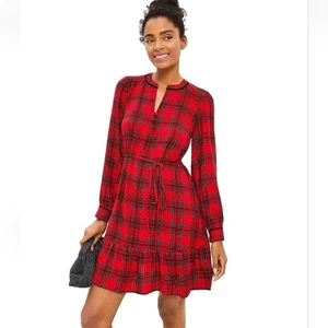 LOFT schimmerndes kariertes Swing-Kleid Tango rot Schlitzausschnitt Taille zum Binden Rüschensaum Volant - Bild 1 von 15