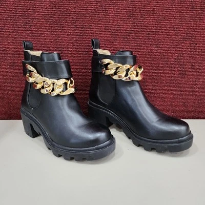 Steve Madden Black Chunky Ankle Boots Size 7.5 | Gold Chain Detail | Pre-Owned - Image 1 of 4