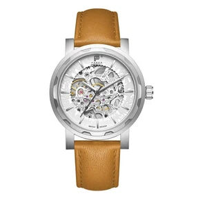PUNCH Mens Watch, Silver & White Skeleton Automatic Watch - Tan Leather Strap - Picture 1 of 10