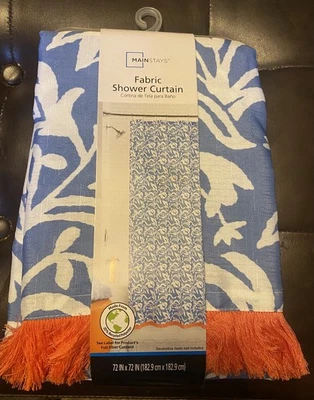 "Cortina de ducha Mainstays azul y blanco floral con flecos naranjas tela 72"" x 72""" Foto 1 de 4