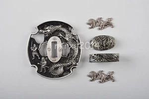 Dragon Tsuba Kashira Fuchi Menuki Zinc Alloy Set Fittings For Japanese Sword - Picture 1 of 2