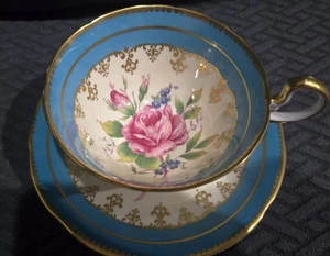 SELTENE AYNSLEY CABBAGE ROSEGOLD FILIGRAN TÜRKIS TEETASSE & UNTERTASSE SET - Bild 1 von 5