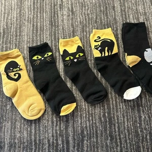 Black Cat Ankle Socks Women's Size S/M Soft Kitty 5 Pairs Yellow Black Cat Lady - Picture 1 of 7