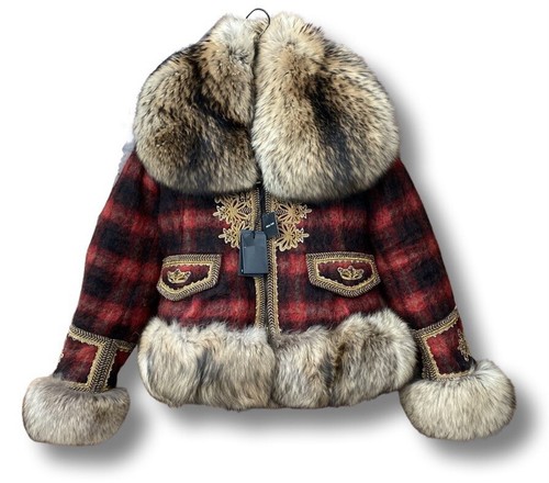 Giacca Dsquared2 lana pelliccia ricamata a mano It 42 rosso a quadri