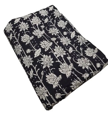 Edredón Kantha estampado floral negro indio hecho a mano algodón ropa de cama queen edredón tiro Foto 1 de 4