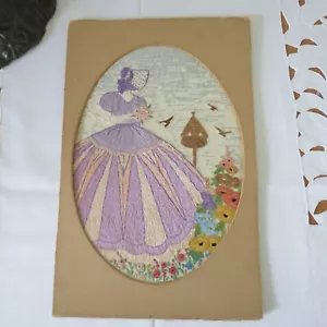 Vintage hand embroidered picture Crinoline lady in a garden needs framing - Picture 1 of 8