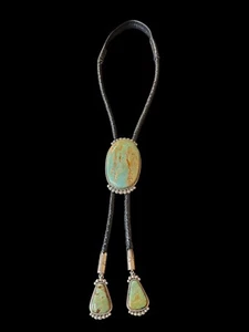 Phenomenal Turquoise Bolo with Handmade Tips and Cord by Mary Ann Spencer - Picture 1 of 12