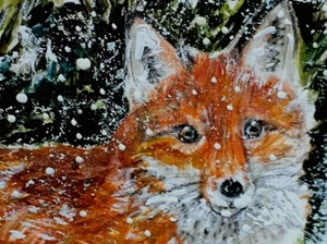 Quadro ORIGINALE ACEO VOLPE ROSSA inverno neve pino albero paesaggio animale natura ARTE - Foto 1 di 1