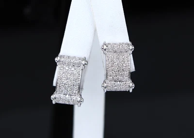 $3,550 14K White Gold Pave Set Round Diamond Huggie Omega Back Earrings - Image 1 of 4