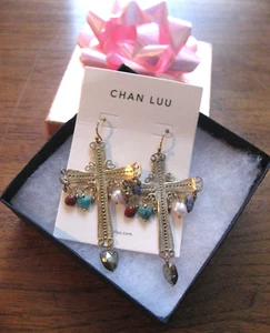 Chan Luu Earrings Cross Creamy Pearls Turquoise Hearts Gold Filigree Vermeil NWT - Picture 1 of 11