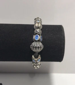 PANDORA STERLING SILVER BRACELET with BLUE STONE HEART CHARMS ~ LOVELY - Picture 1 of 12