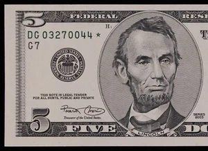 $5 2003 CU Star Federal Reserve Note DG03270044* five dollar, LOW 320K Run 2 - Picture 1 of 3
