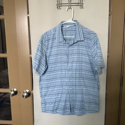 Travis Matthew Men's XL Blue Grey Stripe Short Sleeve Button Up Shirt - Image 1 of 4