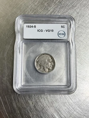1924 S Buffalo Nickel 5c ICG VG10 - Image 1 of 3