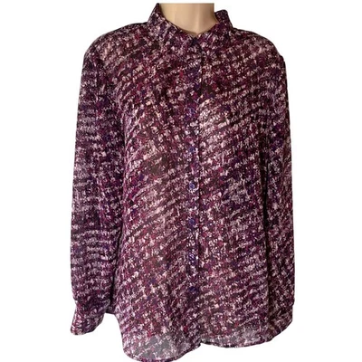 Coldwater Creek Women's Blouse L Button Up Sheer Purple Geometric Mature Flowy - Image 1 of 4