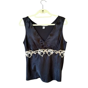 Cato Black Satin Empire Waist Babydoll Lace Trim Top Size Large (Fits like Med) - Picture 1 of 6