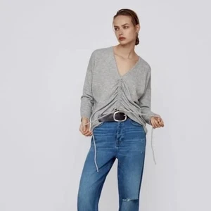 ZARA Heathered Gray Cinched Sweater V Neck Pullover Cinchable Cinched Top Large - Picture 1 of 14