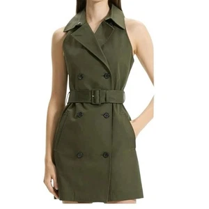 Theory Trench Mini Dress Womens 14 Olive Green Belted Quiet Luxury Safari - Picture 1 of 15