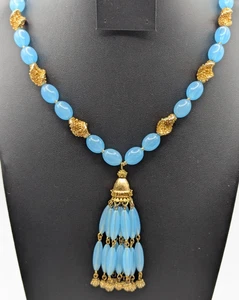RARO Collar Borla Cuentas Trifari Años 60 Azul Claro 22" Cuello + Borlas 3" - Imagen 1 de 24