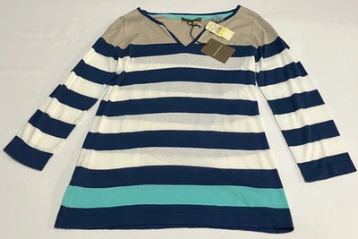 Suéter Tommy Bahama Leve Feminino M Azul Listra Branca Manga 3/4 Decote V Náutico - Imagem 1 de 4