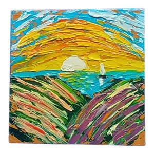 Sunset Sailboat Original Painting 3D Wildflowers Semi-Abstract Wall Art Handmade - Picture 1 of 23