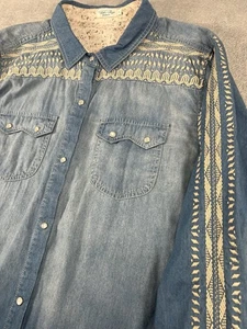 Tasha Polizzi Damen XL Jeanshemd Westerncore Boho bestickt Perlen Druckknopf - Bild 1 von 13