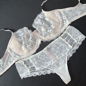 Victoria's Secret unlined 36DD BRA SET XL thong ivory coconut WHITE lace floral