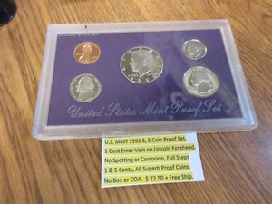 U.S. MINT 1992-S 5 Coin Proof Set, ERROR Vein on Lincoln Forehead - Picture 1 of 3