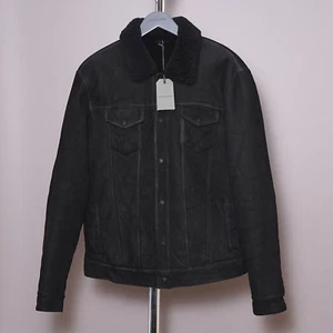 ALL SAINTS Shearling Leather Jacket LARGE Mens L Sheepskin Black Biker COLEY - Picture 1 of 20
