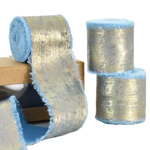 3 Rolls Baby Blue Glitter Chiffon Ribbon 1.5 Inch 15 Yards Gold Silk Frayed R... - Picture 1 of 7
