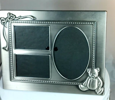 Vintage Baby Nursery Picture Frame Brushed Pewter Holds 3 Photos - Изображение 1 из 4