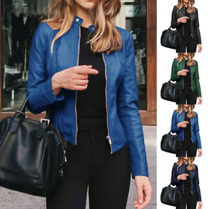 Women Casual Zip Up Faux Leather Jacket Biker Blazer Coat Ladies Outwear Tops US