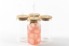 Drinking Glasses with Bamboo Lids and Glass Straw 4pcs Set 16oz Can Shaped Cups