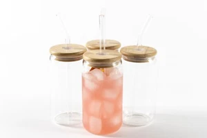 Drinking Glasses with Bamboo Lids and Glass Straw 4pcs Set 16oz Can Shaped Cups - Picture 1 of 6
