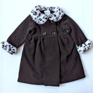 Sophie Rose Black Faux Fur Leopard Print Collared Cuffed Pea Coat Dress Sz 3T - Picture 1 of 7
