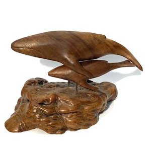 Wood Carving Of Mother & Baby Whales Sculpture On Burl Wood Base - Joan Blair 90 - Picture 1 of 4