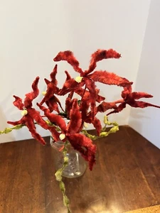 Vintage Chenille Samt rote Weihnachtssterne mit grünen Stoffen Blättern auf Stielen - Rarität! - Bild 1 von 6