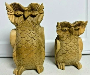 2er Set schöne alte handgeschnitzte Eulenskulptur aus Holz  - Bild 1 von 3