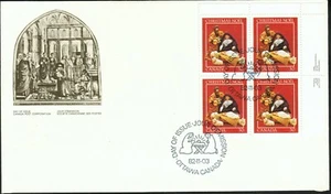 Canada sc#973 Christmas: Creche Figures - Holy Family, UR Imprint Block, FDC - Picture 1 of 2