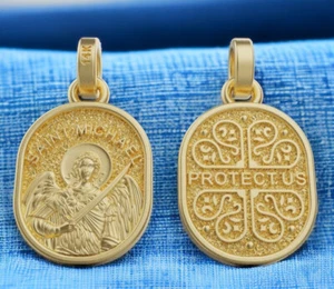 18K massiver Gelbgold Saint Michael doppelseitiger Anhänger / St Michael Protect Us - Bild 1 von 7