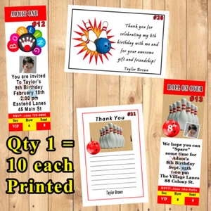 Bowling Birthday Invitations 10 ea w/env or Thank You Cards 10 ea Personalized - Picture 1 of 7