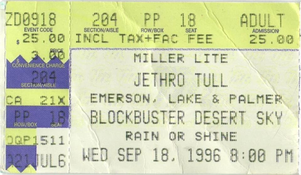 Vintage 1996 Jethro Tull Emerson Lake Palmer Concert Ticket Stub Phoenix AZ - Image 1 of 1