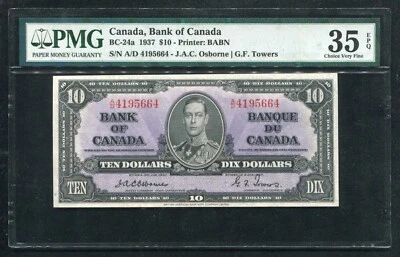 BC-24a 1937 $10 BANK OF CANADA BANKNOTE PMG CHOICE VERY FINE-35EPQ *SCARCE* - Image 1 of 2