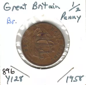 Great Britain 1/2 Penny, 1958, Bronze, KM128 - Picture 1 of 2