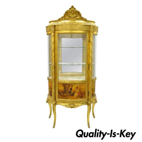 French Louis XV Gold Gilt Wood Vernis Martin Curved Glass Vitrine Curio Cabinet Cover