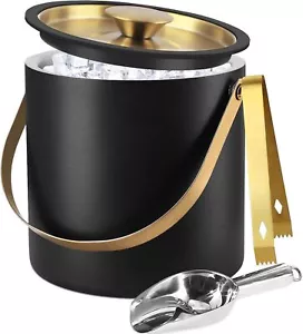 3L Ice Bucket with Silicone Lid, Scoop, Gold Tongs & Strainer, Stainless Steel & - Picture 1 of 1