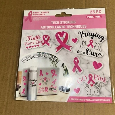 Breast Cancer Awareness Tech Stickers Rainbow Foil 25PC 2 Stickers Sheet. - Image 1 of 2