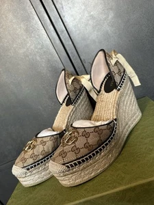 Gucci Women’s Interlocking GG Wedge Espadrille Ribbon Sandals Size 9UK/EU42 - Picture 1 of 12