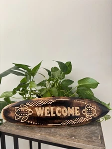 Hawaiian Hand Made 20" Carved Wood Surfboard Decor Engraved WELCOME w/ Turtles - Picture 1 of 5