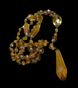 Vintage Deco Silver Faceted Amber Glass Crystal Beaded 21" Necklace - Picture 1 of 10